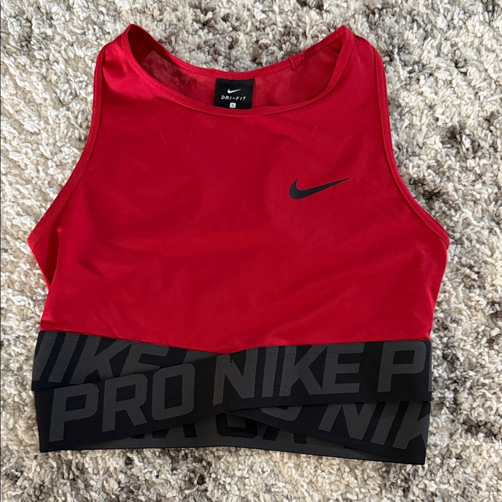 Nike Pro Red Athletic Crop Top with Black Branded Band